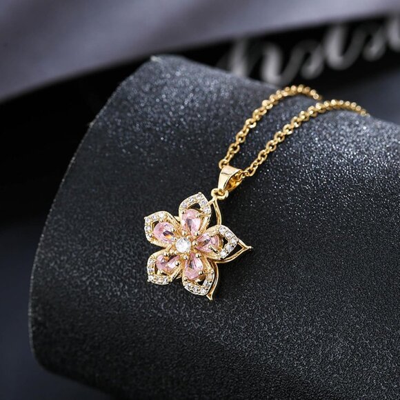 Women Gold Flower Fidget Pink Necklace Rotatable Crystal Blossom Pendant - Picture 5 of 7